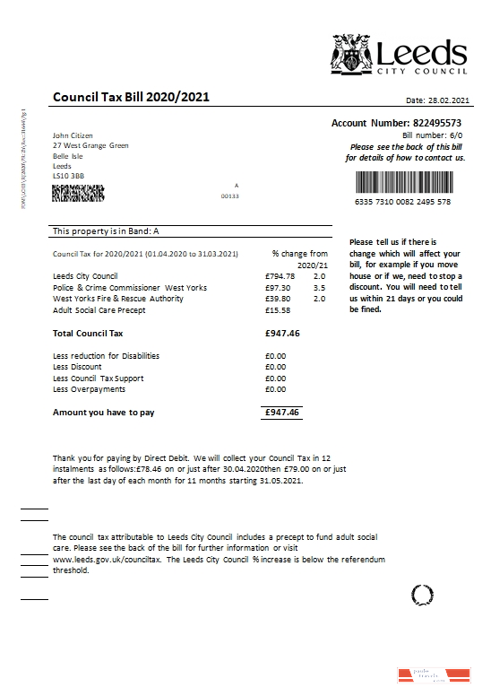 United Kingdom Leeds City Council tax bill template in Word and PDF format